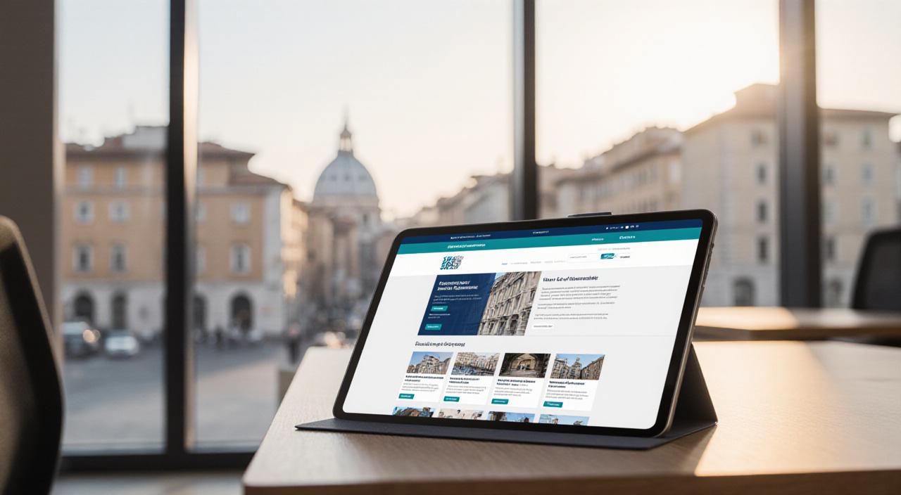 Un ufficio moderno e luminoso con architettura istituzionale e un tablet che mostra un'interfaccia web pulita.