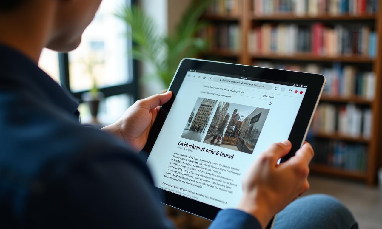 Un lettore concentrato mentre naviga su un elegante portale di critica letteraria su tablet