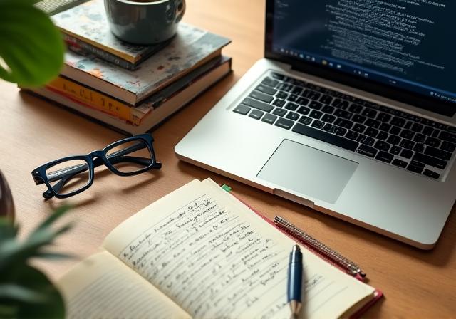 Dettaglio di una scrivania editoriale con libri, appunti e un computer aperto su un documento di editing
